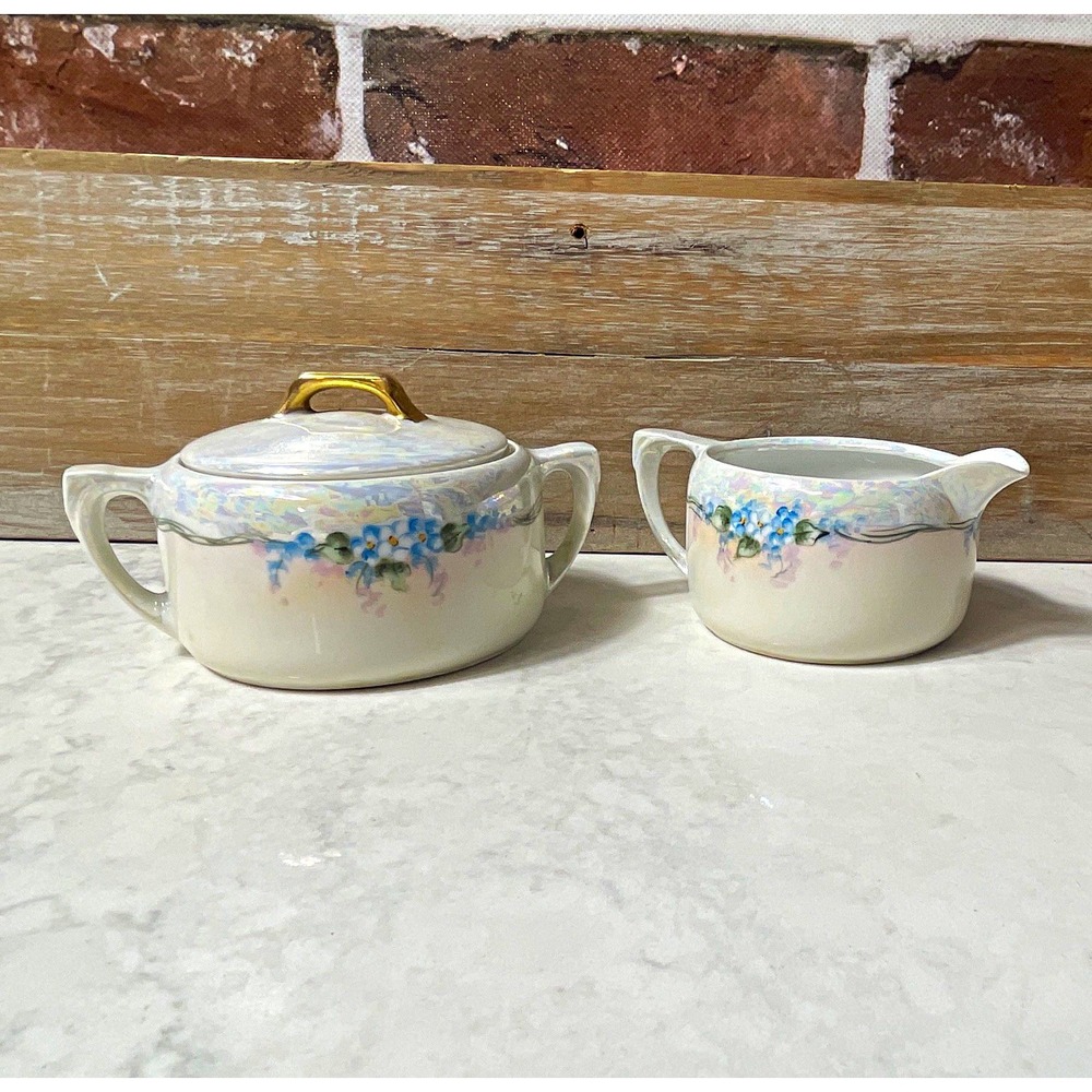 Steele Art Studio Spokane Porcelain Creamer & Lidded Sugar Set Floral Blue
